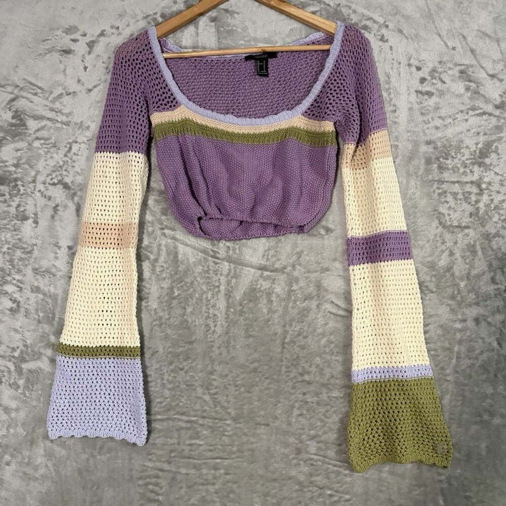 Forever 21 Crochet Knit Crop Top Bell Sleeve Boho Festival Flare Purple Green M